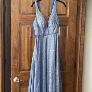 DaveandJohnny Prom Dress Shimmering Blue Silver w/ Sapphire Blue Underskirt 3/4